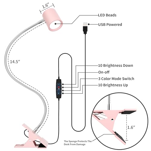 Dott Arts Desk Lamp,USB Clip On Light with 3 Color Modes,LED 10 Levels Brightness Reading Lamp, 360°Gooseneck Book Light,Eye-Care Reading Light for Home Office,Headboards Pink - color: Pink