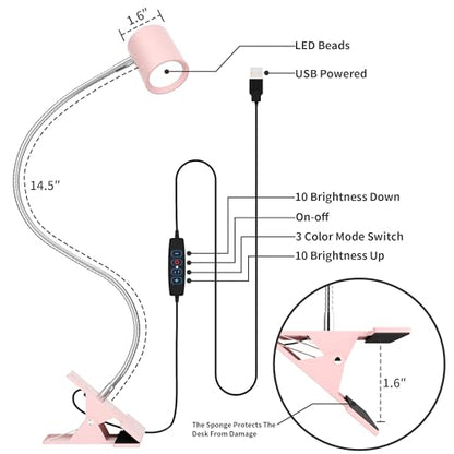 Dott Arts Desk Lamp,USB Clip On Light with 3 Color Modes,LED 10 Levels Brightness Reading Lamp, 360°Gooseneck Book Light,Eye-Care Reading Light for Home Office,Headboards Pink - color: Pink