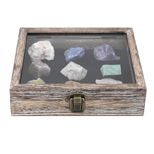 MOOCA Tempered-Glass Top Small Wooden Jewelry Display Case with Removable Black Luxurious Velvet Jewelry Display Pad, Deeper 2.2" Design for Collectibles, Coffee Color. - color: Coffee With Velvet Pad