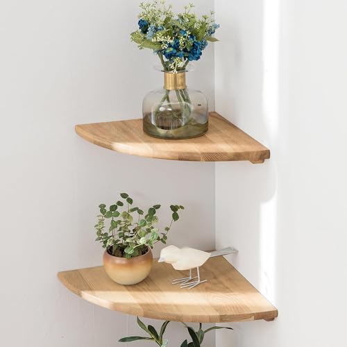Corner Shelves, Floating Corner Shelf, Set of 2 Solid Oak Wood Wall Shelves, Round End Wall Mount with Wire Hole Shelving for Small Plant for Bedroom Kitchen, Living Room 8.7“ - color: Oak, size: 8.7in 2p
