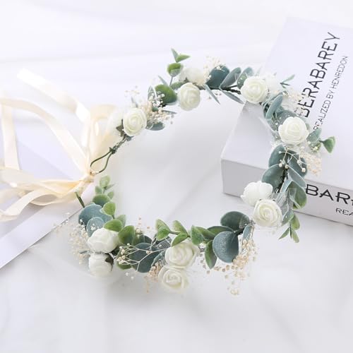 Greenery Leaf Crown Rustic Wedding Headpiece Bridal Headband Photo Prop - color: White Babysbreath