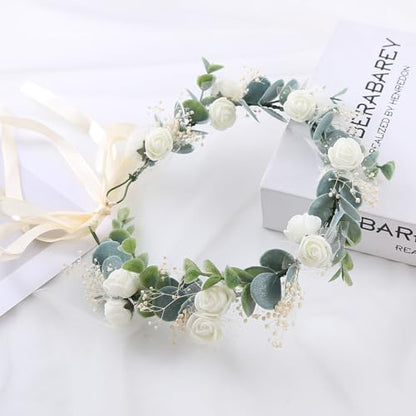 Greenery Leaf Crown Rustic Wedding Headpiece Bridal Headband Photo Prop - color: White Babysbreath