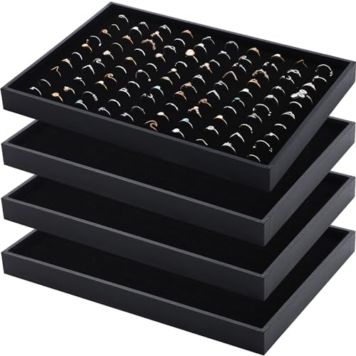 Wenqik 4 Pcs Cardboard Ring Holder with Velvet Lining, 100 Slot Inserts Stackable Ring Display Tray,13.8 x 9.4 x 1.2 inch (Black) - color: Black