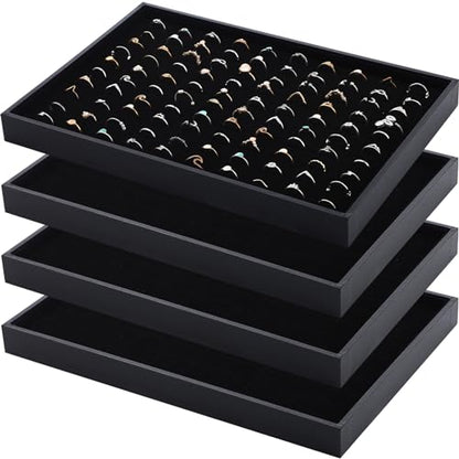 Wenqik 4 Pcs Cardboard Ring Holder with Velvet Lining, 100 Slot Inserts Stackable Ring Display Tray,13.8 x 9.4 x 1.2 inch (Black) - color: Black