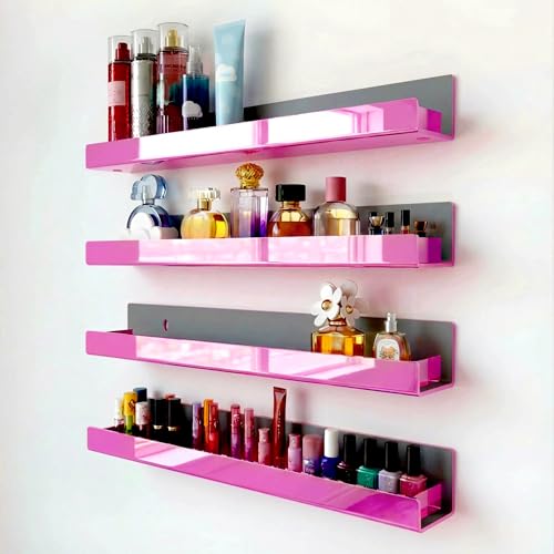 4 Pack 15 Inch Pink Reflective Acrylic Shelves, Pink Floating Shelves, Modern Sunglasses Essential Oil Picture Ledge Display Toy Storage Shelf - color: 15in-pink Mirror