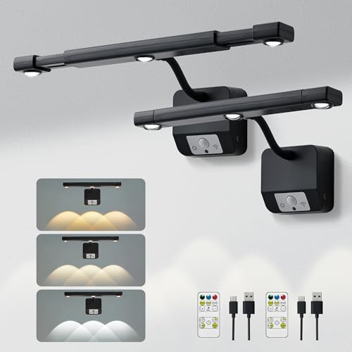 2 Pack Motion Sensor Picture Light with Remote & Extendable Bar, 600 Lumens Dimmable LED Wall Light, 5000mAh Rechargeable Battery Operated for Artwork, Photos, Hallway, Bedroom,Black - color: Black 2 Pack