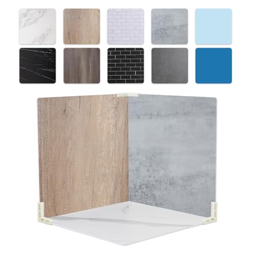 5PCS Double Sided 10 Patterns Photography Backdrop Boards, 16x16 Inch Waterproof Background Surface with 4 Brackets, Cement Marble Wood Brick Texture Backdrop for Food Jewelry Shooting - color: Marble/Wooden/Brick/Cement/Blue