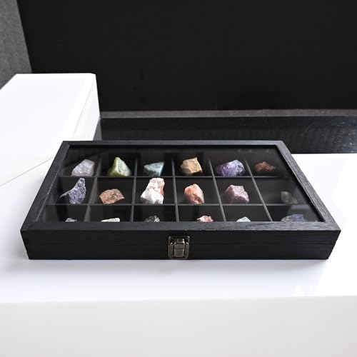 MOOCA Wooden Jewelry Display Case with Tempered Glass Lid & 18 Compartments Tray, Rock Collection Box, Crystal Display Case, Black Color - color: Black
