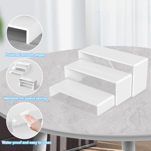 6 PCs Risers Display Stands 3 Tiers Desktop Acrylic Shelves Cake Dessert Holder Products Stand for Collectibles Shoes Jewels Pop Figure (White) - color: White 6 PCs
