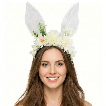 Women Easter Bunny Ears Headband Flowers Crown Rabbit Ears Party Headwear - color: White