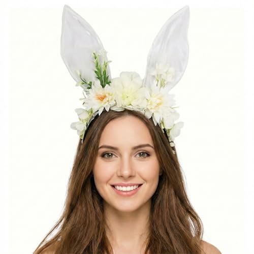 Women Easter Bunny Ears Headband Flowers Crown Rabbit Ears Party Headwear - color: White