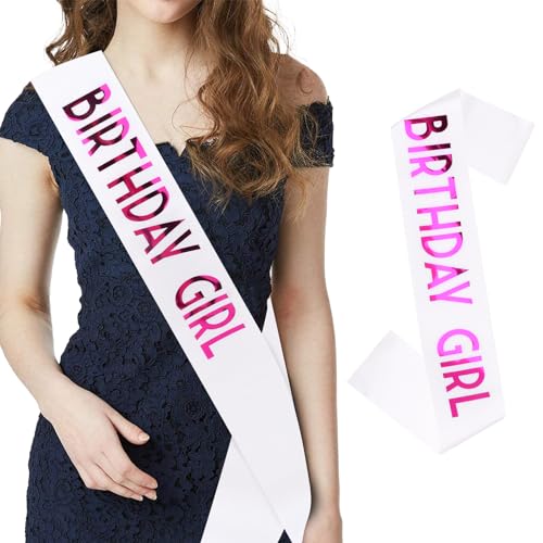 CIEHER Birthday Girl Sash for Women and Girls - Customizable 67" L x 3.6" W Sash for 10th, 13th, 16th, 18th, 21st, 30th, 40th, 50th, 60th Birthdays - color: White & Rose Pink