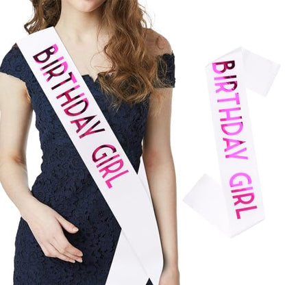 CIEHER Birthday Girl Sash for Women and Girls - Customizable 67" L x 3.6" W Sash for 10th, 13th, 16th, 18th, 21st, 30th, 40th, 50th, 60th Birthdays - color: White & Rose Pink