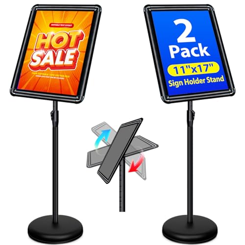 2-Pack 11x17 Inch Adjustable Sign Stand & Floor Standing Sign Holder - Pedestal Poster Stand with Vertical & Horizontal View Display for Indoor/Outdoor Business & Store Signage (Black) - color: Black, size: 11"x17"-2Pack