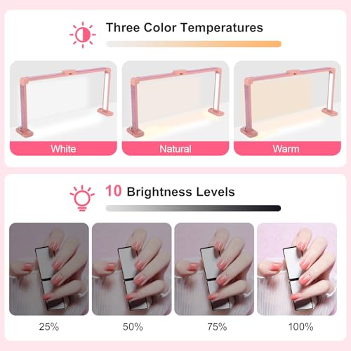 34in Half Moon Light for Nail Desk, Foldable LED Lamp for Nail Art, Tattooing, Craft Making, Stepless Dimming, 3000-6000K Color Temperature Adjustment, 456 Light Beads, Pink with Diamond - color: Pink with Diamond
