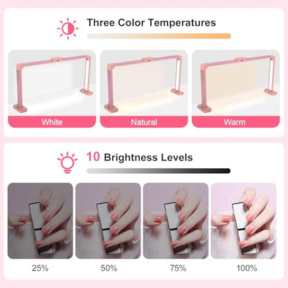 34in Half Moon Light for Nail Desk, Foldable LED Lamp for Nail Art, Tattooing, Craft Making, Stepless Dimming, 3000-6000K Color Temperature Adjustment, 456 Light Beads, Pink with Diamond - color: Pink with Diamond