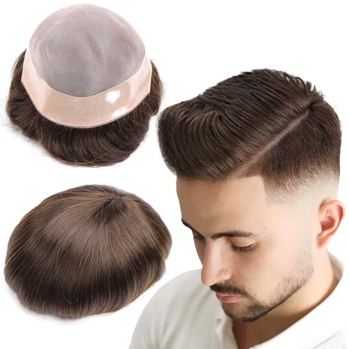 Toupee for Men Mono Lace Base European Human Hair10x8 Hair System for Men Hair Prosthesis Replacement Unit Durable Mens Hair Piece #3 Dark Brown Mens Toupee Real Hair - color: 3# brown color - Mono NPU, size: 8x10 Inch