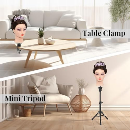 28 Inch Mannequin Head 80% Real Hair with Tripod Stand, Cosmetology Manikin Practice Doll Head,Braiding Hairdressing Head with Table Clamp + DIY Hair Styling Set #4 - color: Brown