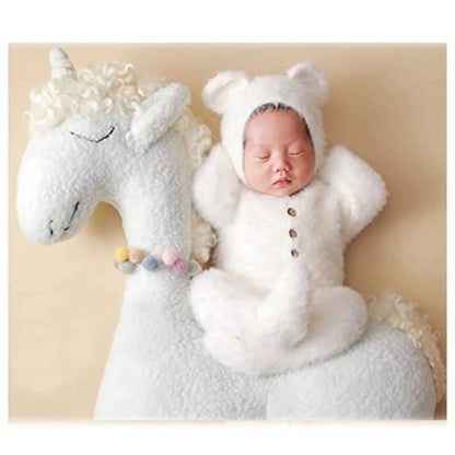 2Pcs Newborn Photography Props Boy Photo Posing Outfits Baby Photoshoots Girl Crochet Bear Hat Romper - color: White B