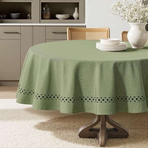 MIULEE Sage Green Round Linen Polyester Tablecloth with Decorative Cutouts Spring Waterproof Stain Resistant & Shrink-Proof Table Cloth 60x60 inch Farmhouse Style for Dining Wedding and Outdoor - color: Sage Green, size: 60" (Round)