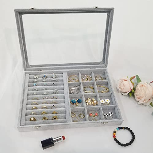 Ice Velvet Rings Organizer Box Mix 12 Grids Jewelry Tray Display Showcase with Clear Lid and Lock Grey - color: 12 Grids & 11 Slots