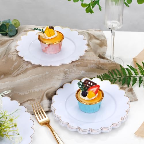 SUT 72Pcs Plastic Plates-7.5inch White Dessert Plates with Gold Trim, White Disposable Plates, Disposable Plates,Fancy Plastic Plates, Heavy Duty Plastic Plates for Parties - color: White Gold, size: 7.5 Inch