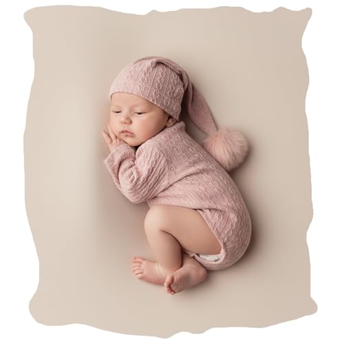 Newborn Photography Props, Infant Photoshoot Outfit Romper & Pom Pom Hat for Baby Boys Girls - color: Pink