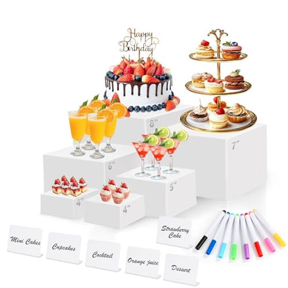 6 Pcs White Acrylic Buffet Risers with Mini Sign and Maker, Food Display Stands for Buffet Table Party Catering Dessert Jewelry Collectibles,Nesting Cube Boxes with Hollow Bottoms (8",7",6",5",4",4") - size: 8" 7" 6" 5" 4" 4"