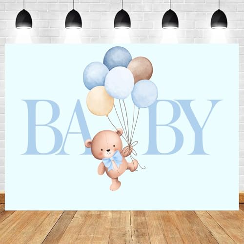 5x3ft Baby Shower Backdrop Bear Balloons Light Blue Banner for Boy Newborn Photoshoot Gender Reveal Party Photo Background Cute Bear Balloon Bouquet Backdrop for Baby Party Decoration - color: Color 9, size: 5x3ft