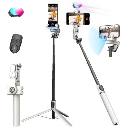 AOCHUAN Smartphone Gimbal Stabilizer, Smart Face Tracking Tripod Without APP - 4 in 1 Cellphone Gimbal Stabilizer for iPhone&Android Extended 108cm Rod with RGB Fill Light,M2PRO White - color: White