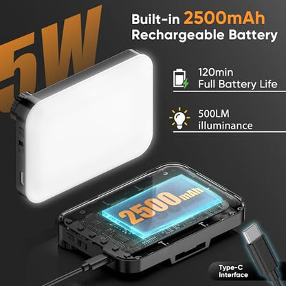 LED Clip-On Selfie Light Portable 500LM Dimmable, 3 Light Modes CRI 95+ for True Colors 2500mAh Rechargeable Battery,Fits Phones/Cameras/Laptops for TikTok/Vlogging/Zoom Calls