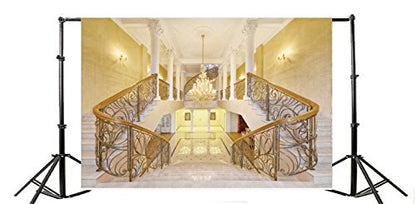 Leowefowa 7x5ft Castle Backdrop Luxurious Golden Palace Elegant Stair Droplight White Pillar Marble Floor Interior Wedding Vinyl Photography Background Kids Adults Photo Studio Props - size: 7x5ft