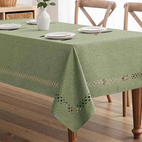 MIULEE Sage Green Rectangle Linen Polyester Tablecloth with Decorative Cutouts Spring Waterproof Stain Resistant & Shrink-Proof Table Cloth 60x144 inch Farmhouse Style for Dining Wedding Party - color: Sage Green, size: 144" x 60" (Rectangular)