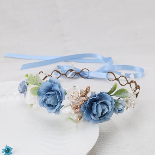 Flower Girl Flower Crown Pink Baby Girls Floral Headpieces Kids Headband Children Hair Wreath Photo Prop (Dusty Blue-Child Size) - color: Dusty Blue