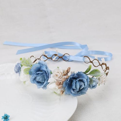Flower Girl Flower Crown Pink Baby Girls Floral Headpieces Kids Headband Children Hair Wreath Photo Prop (Dusty Blue-Child Size) - color: Dusty Blue
