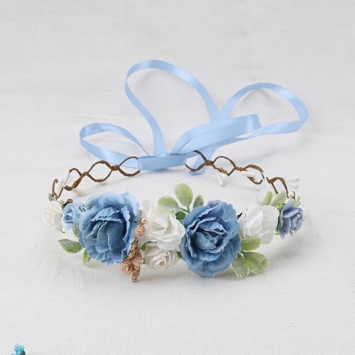 Flower Girl Flower Crown Pink Baby Girls Floral Headpieces Kids Headband Children Hair Wreath Photo Prop (Dusty Blue-Child Size) - color: Dusty Blue
