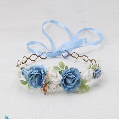 Flower Girl Flower Crown Pink Baby Girls Floral Headpieces Kids Headband Children Hair Wreath Photo Prop (Dusty Blue-Child Size) - color: Dusty Blue
