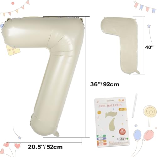 CARGEN 40 Inch Creamy White Number 7 Balloon, Large Beige Foil Mylar Digital 0-9 for Birthday Decorations, Boho Neutral Party Supplies, Wedding Anniversary Photo Props, Helium or Air Fill - style: Number 7