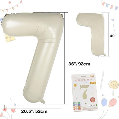 CARGEN 40 Inch Creamy White Number 7 Balloon, Large Beige Foil Mylar Digital 0-9 for Birthday Decorations, Boho Neutral Party Supplies, Wedding Anniversary Photo Props, Helium or Air Fill - style: Number 7