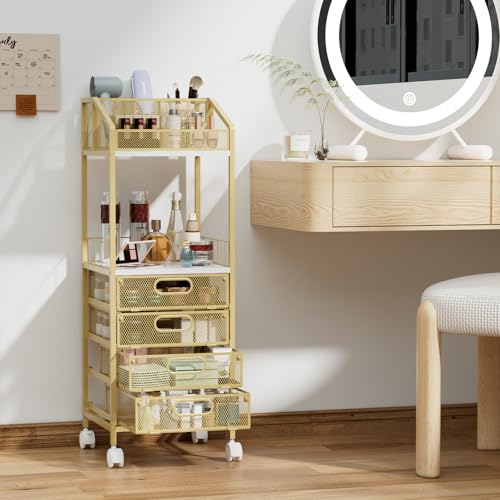 HapiRm Makeup Organizer Storage Cart - Floor Skincare Make Up Storage with 4 Drawers, Rolling Makeup Cart Vanity Organizer Cosmetics Display Cases Holder for Skin Care Perfume Nail Polish, Gold - color: Gold