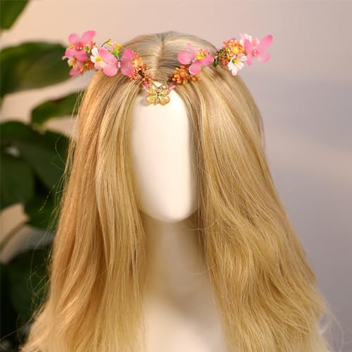 MOSTORY Handmade Fairy Butterfly Crown - Elf Flower Hadpiece Elven Headband for Women s Spring Wedding Maternity Shoot - color: Pink-red