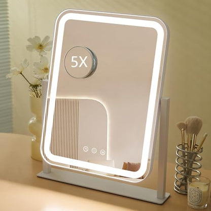 HIEEY Vanity Mirror with Lights, 17.4'' x 13'' Makeup Mirror with Lights, Three Color Lighting Modes, and 5X Magnification Mirror, Smart Touch Control, 360°Rotation (White,Gift Box) - style: 17.4'' x 13'' (96 LED)