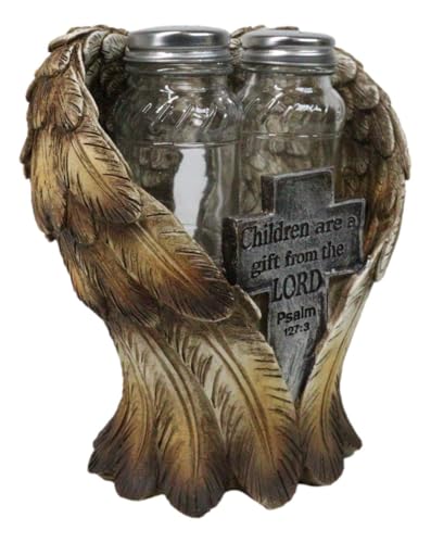 Ebros Gift Decorative Holy Cross Children Are A Gift From The Lord Psalms 127:3 Angel Wings Salt And Pepper Shakers Holder Set in Spiritual Religious Christian Decor Sculpture Kitchen Dining Accent
