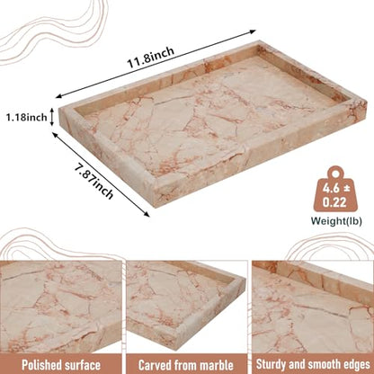 Marble Bathroom Tray,Pure Natural Vanity Tray,Marble Trays for Kitchen Counter Non-Ceramic/Non-Resin,Stone Tray 12 x 8 inch (Pink) ﻿ - color: Pink