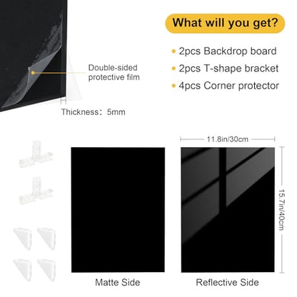 Meking Product Photography Backdrops, Black Double Sided Matte and Reflective Background for Food,Makeup, Jewelry and Other Small Product,2PCS 15.7x11.8in Photo Backdrop Boards with 2PCS Bracket