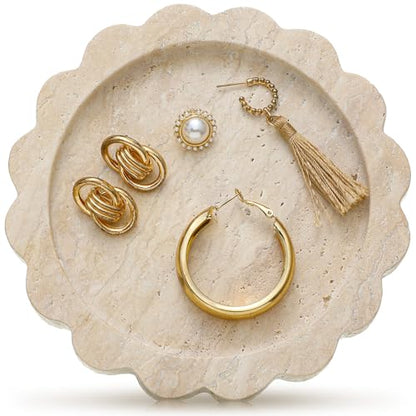 Threehoney 5.5 Inch Small Travertine Scallop Edge Stone Tray Marble Jewelry Dish Trinket Tray for Women, Perfume, Coffee Table(Round) - style: Round