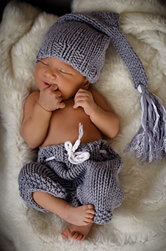 Newborn Baby Photo Shoot Props Girl Boy Crochet Knit Hat Costume Stripe Hat Pants Overalls Photography Props - color: Gray