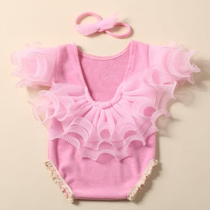 Newborn Photography Outfits Girl, Baby Girl Photo Props, Newborn Photoshoot Ruffles Outfits with Headband - color: Pink