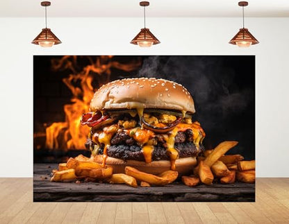 12x8ft Loaded Burger Backdrop Fiery Flame Photography Background for Food Festival and Spicy Party Decorations Tapestry Photo Booth Props - size: 12x8ft