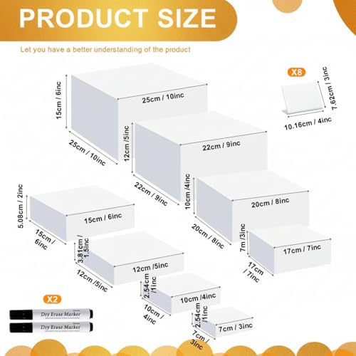 Blosssound 8 Pieces White Acrylic Risers with 8 Signage 2 Markers, 3-10 Inch Cube Nesting Risers Display Stands with Hollow Bottoms for Buffet Table Catering Dessert Food Collectibles Show